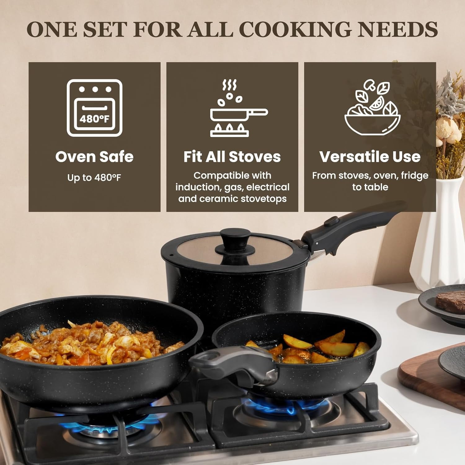 KIKCOIN 20 Pcs Pots and Pans Set Non Stick, Detachable Handle Cookware Sets Nonstick, Non Toxic Induction RV Kitchen Cooking Set with Removable Handles, Dishwasher/Oven Safe, Easy Clean (Black)