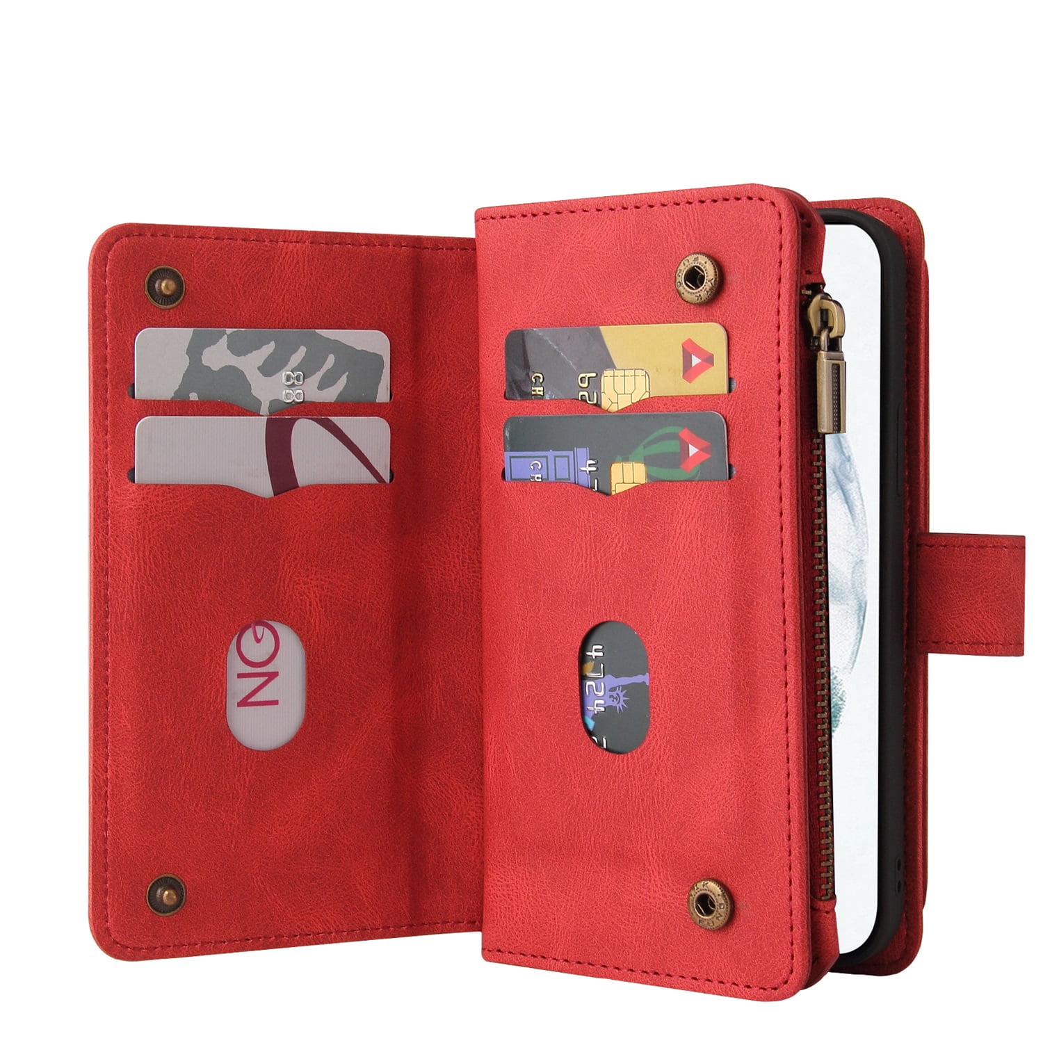 Phone Case for Samsung Galaxy S23, Galaxy S23 Wallet Case, Luxury Folio Flip Leather Cover[Zipper Pocket] [Wrist Strap][Kickstand] for Samsung Galaxy S23 6.1 inch, Red