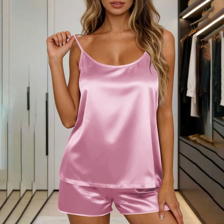 Mifsaly Silk Pajamas for Women Set Satin Cami Top and Elastic Waist Shorts Soft Comfortable Nightwear Pjs Summer Matching Outfits Pink S