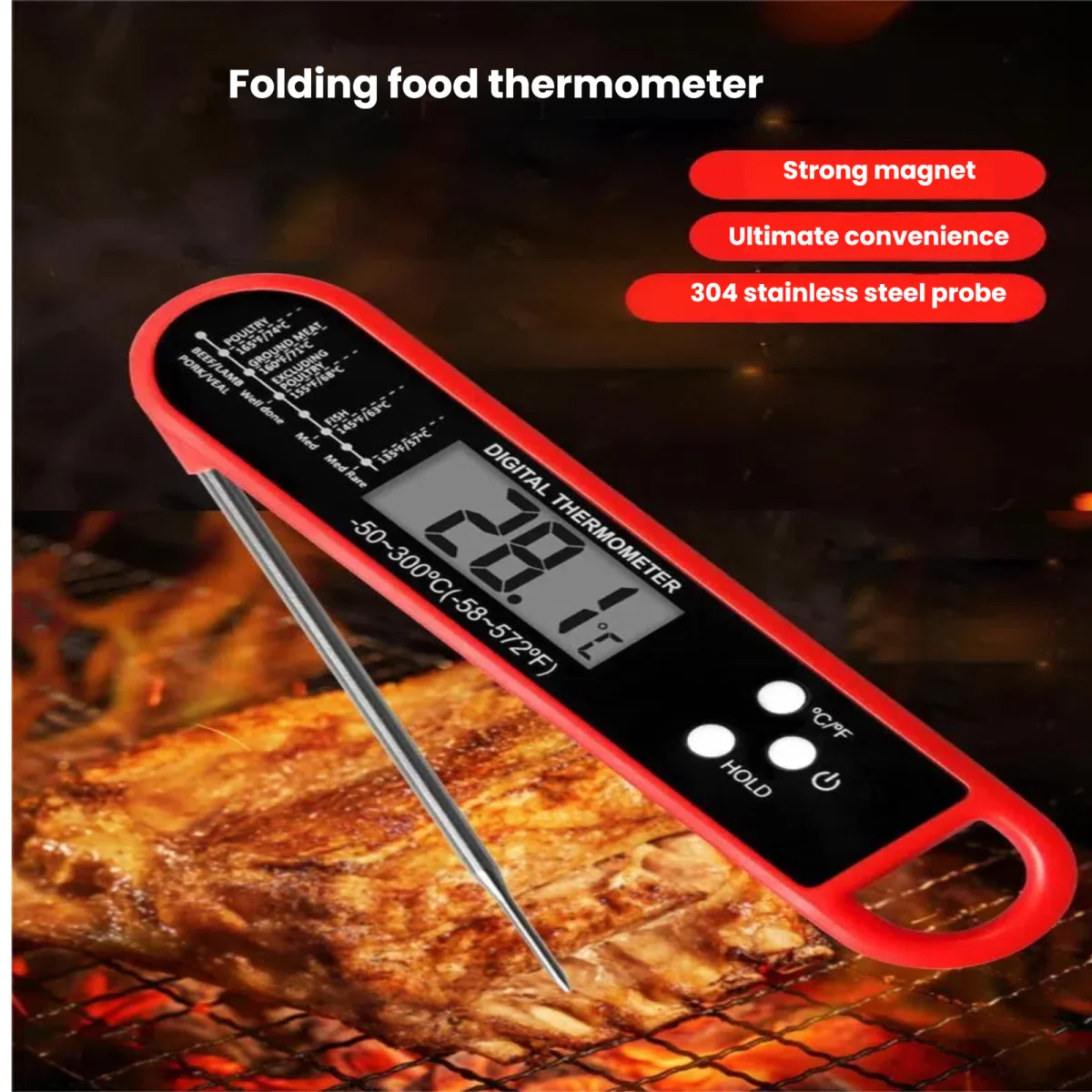 Digital Meat Thermometer for Grilling, Baking & Candy, Instant Read with Foldable Probe, Red/Black Dual Pack​