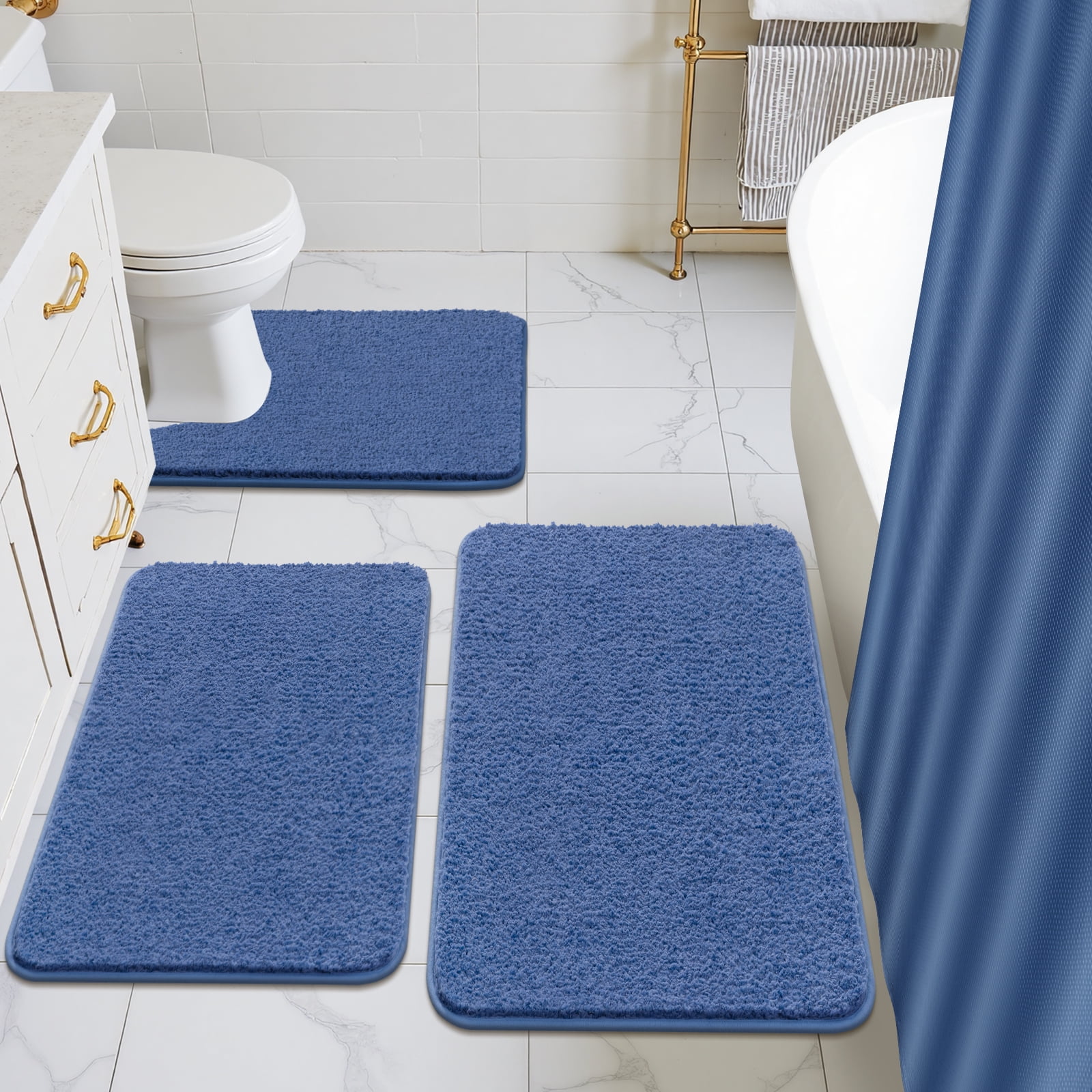 ‌Ileading 16-Piece Shower Curtain Set with Rugs, Waterproof Waffle Shower Curtain & Soft Non-Slip Bath Rugs with 12 Hooks, Blue Bathroom Sets