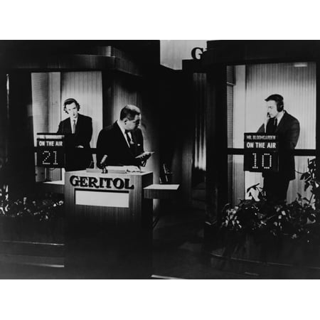 Quiz Show 21 Host Jack Barry Addresses Contestant Hank Bloomgarden As Fellow Contestant James Snodgrass Looks On The Show Ended When It Was Revealed The Contestants Were Rehearsed And Results Rigged