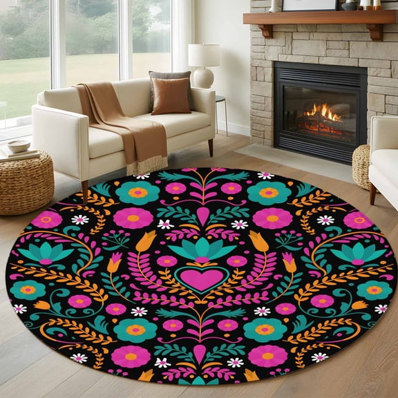 Round Area Rug 6 Ft, Colorful Mexico Washable Non-Slip Circle Carpet for Living Room/Bedroom, Modern Abstract Flowers Leaf Orange Pink Low-Profile Indoor Mats Collection Rugs for Residential