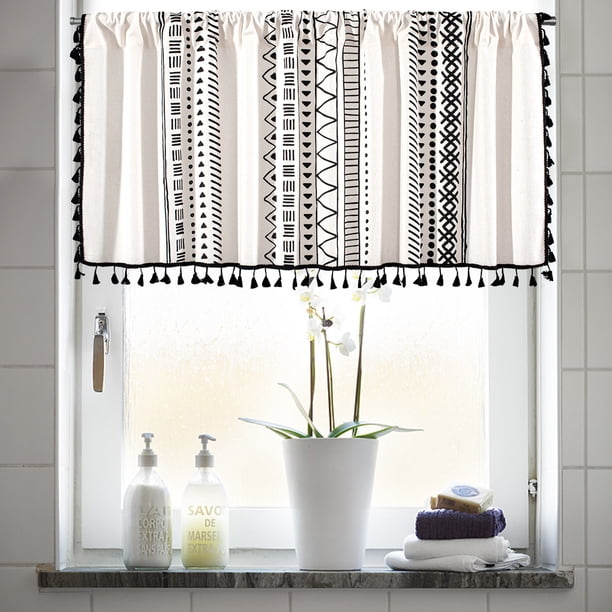 Panel de Cortina de Visillo de Lino Algodón que Bloquea la Luz, 59x17 Pulgadas, Bolsillo Corto para Barra de Ventana para Cocina Baño Sótano, 1 Pieza, Negro/Blanco/Beige/Azul