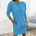 thumbnail image 2 of Women's Medium-Length Hooded Sweatshirt Dress, Solid Color Tunic with Three-Quarter Sleeves and Pockets, Casual Style, 2 of 6