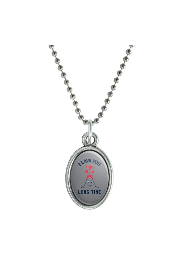 I Lava You Long Time Love Volcano Erupting Funny Humor Antiqued Oval Charm Pendant with Chain