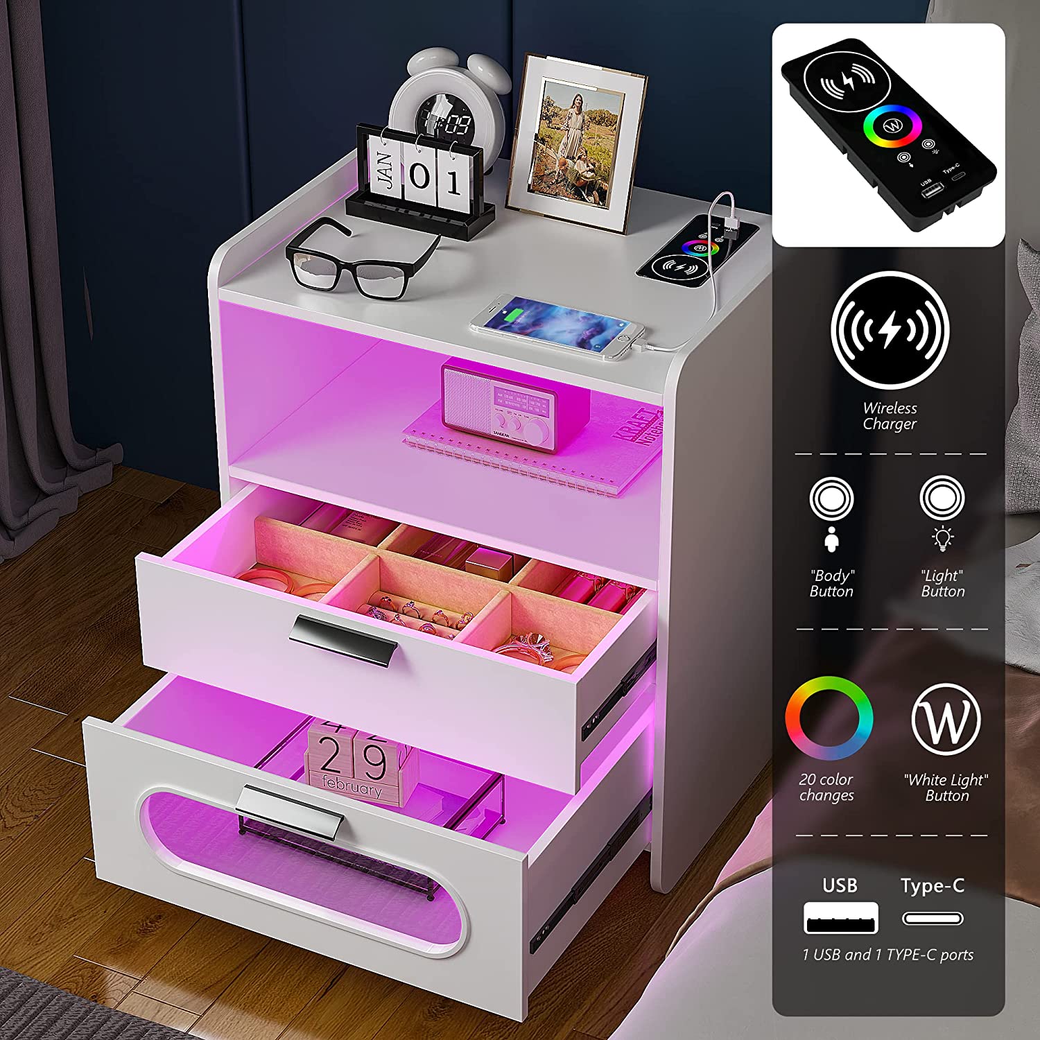 HNEBC RGB Nightstand with Wireless Charging Station  USB Modern Smart  Night Stand with Drawers  21 Color Modes for Bedroom-White