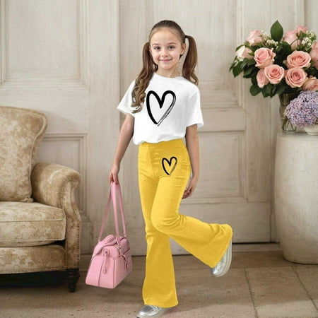 MEZZALL Bowknot Printed Girls Casual Outfits Flared Pants Short Sleeve T-Shirts Tops Comfy Two Piece Cartoon Playwear Toddler Boho Clothing Sets