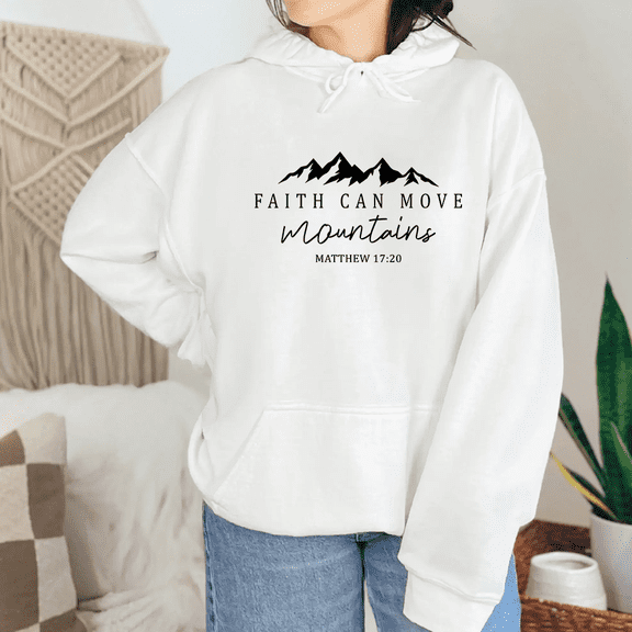Matthew 17:20 Bible Verse Tops for Women & Men Faith Can Move Mountains Sweatshirts Christian Long Sleeve Hoodie Inspirational Pullover for Daily Outfits White,S