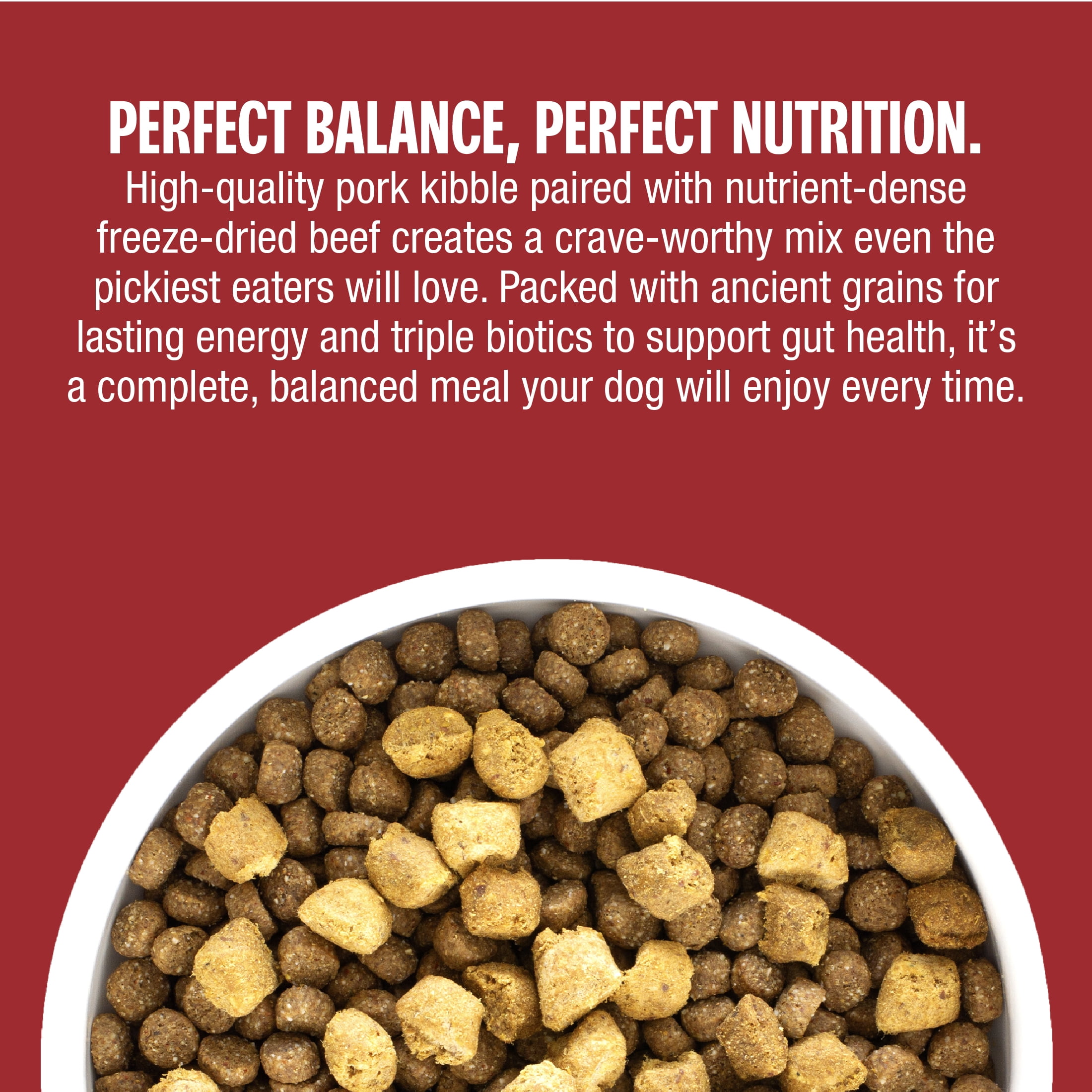 (4 pack) Muenster Perfect Balance Pork Kibble and Freeze-Dried Beef Bites Dog Food, All Life Stages, 3.5 lb Bag
