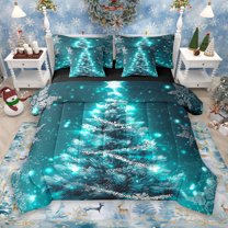 Manfei Merry Christmas Teens 7pcs Bedding Comforter Set, Cartoon Cyan Xmas Tree Queen Bedding Sets, Winter Festival Reversible Queen Sheet Sets, Luxury Bedroom Decor