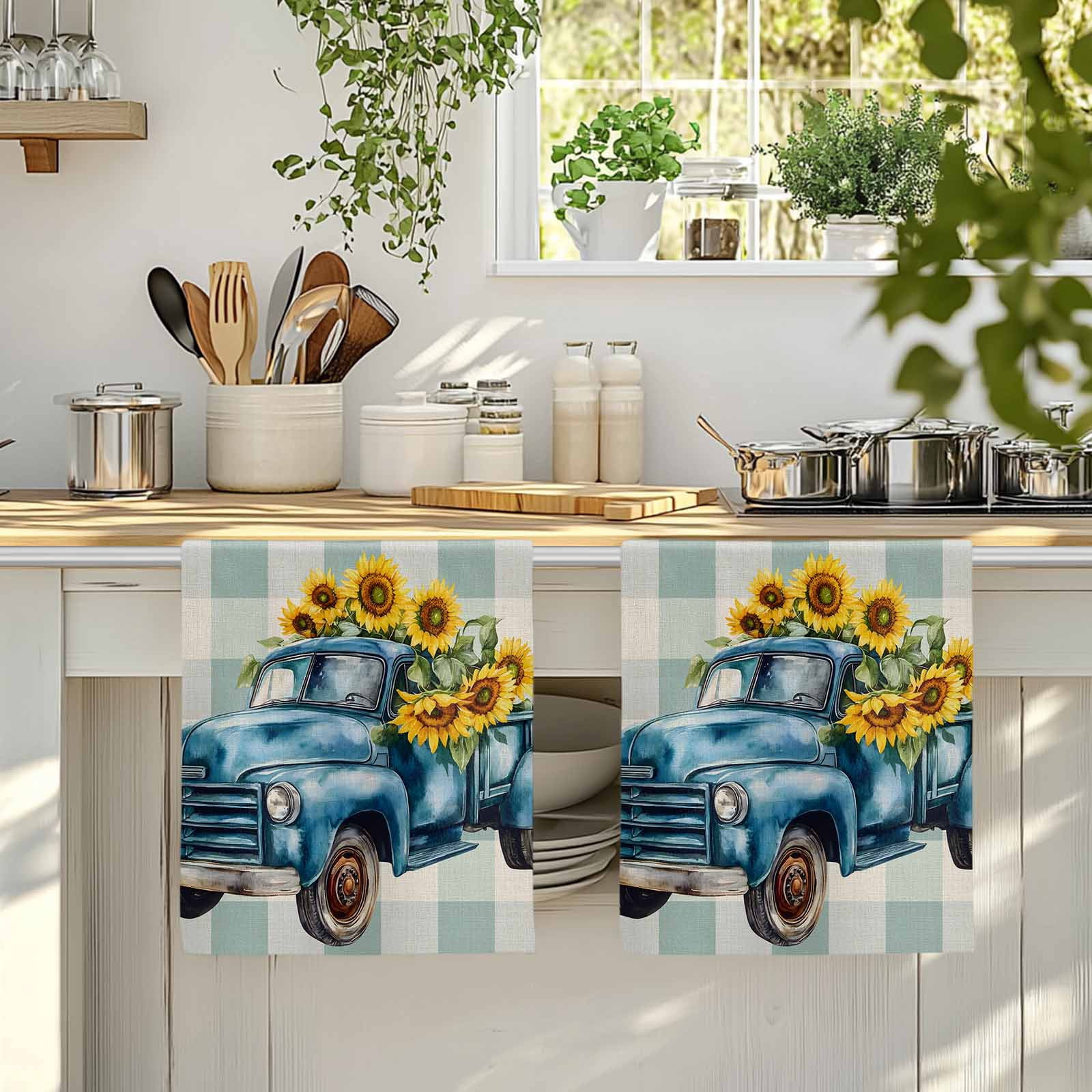 Blue Truck Yellow Sunflower Kitchen Towels Set of 2, Summer Teal Plaid Vintage Soft Microfiber Dish Towels, Absorbent Quick-Dry Washable Dishcloths for Kitchen Cleaning, Drying Dishes, 18x28 Inches
