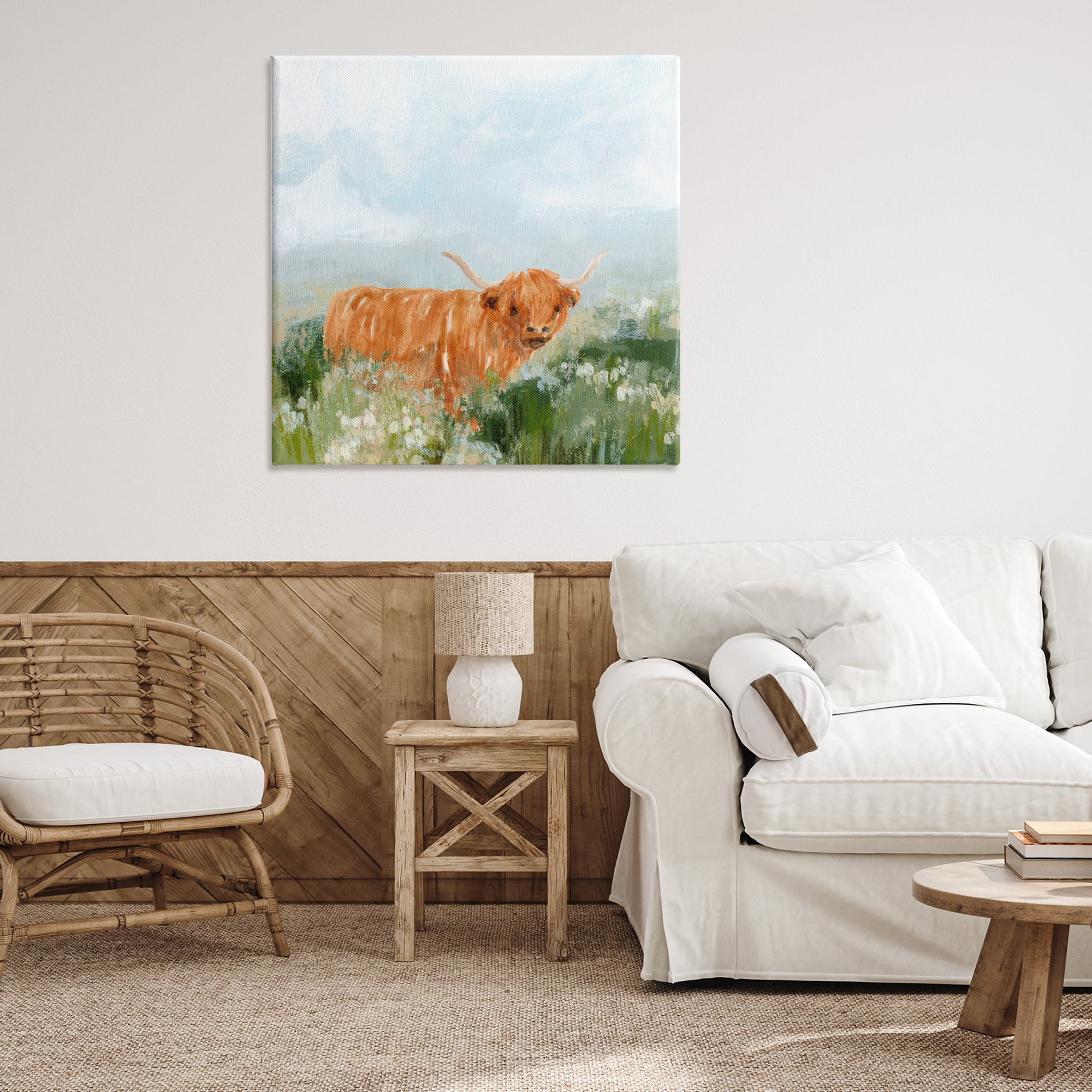 Stupell Industries Longhorn Cattle Country Field Animals & Insects Painting Gallery Wrapped Canvas Art Print Wall Art, 36 x 36