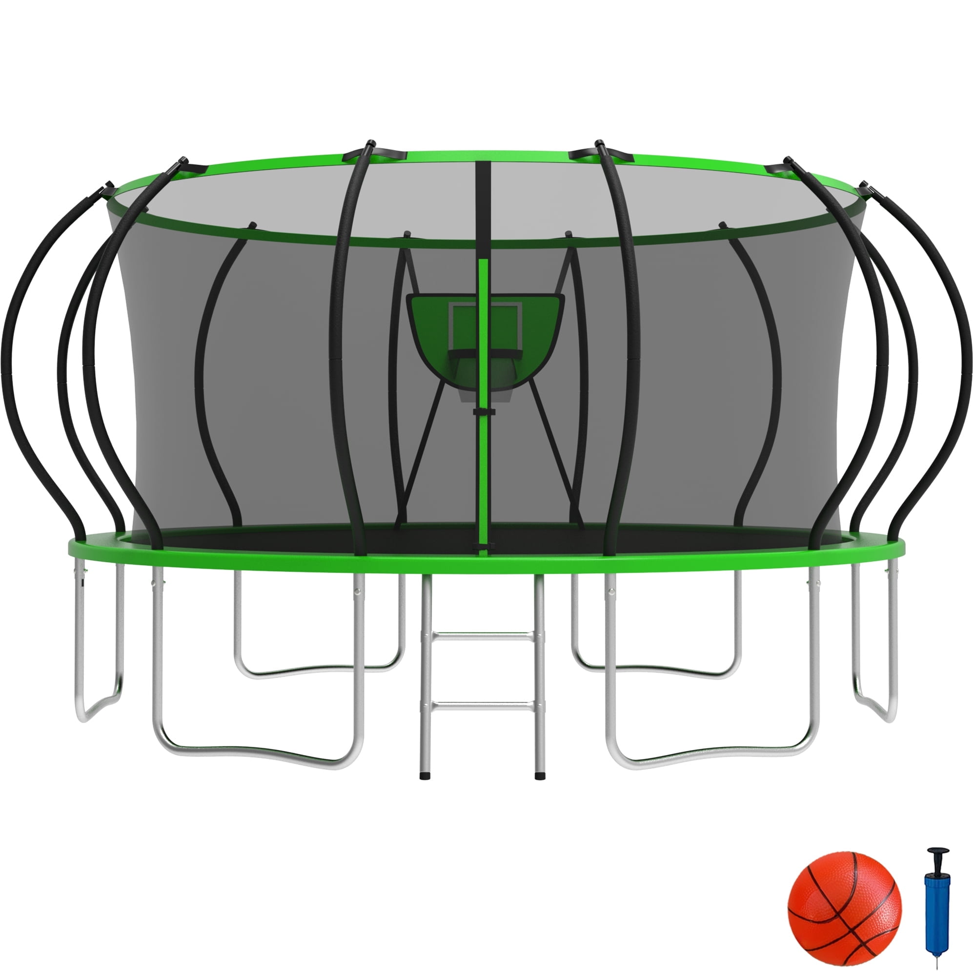 KOFUN Trampoline with Basketball Hoop, 16FT Trampoline for Adults and Kids, No Gap Design Backyard Trampoline with Enclosure Net, Ladder, A Ball, Green
