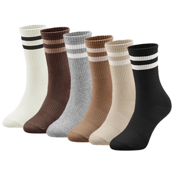 Cotton Casual Calf Crew Socks, 6 Pairs Striped Retro Socks for Women, Cute Size 6-11
