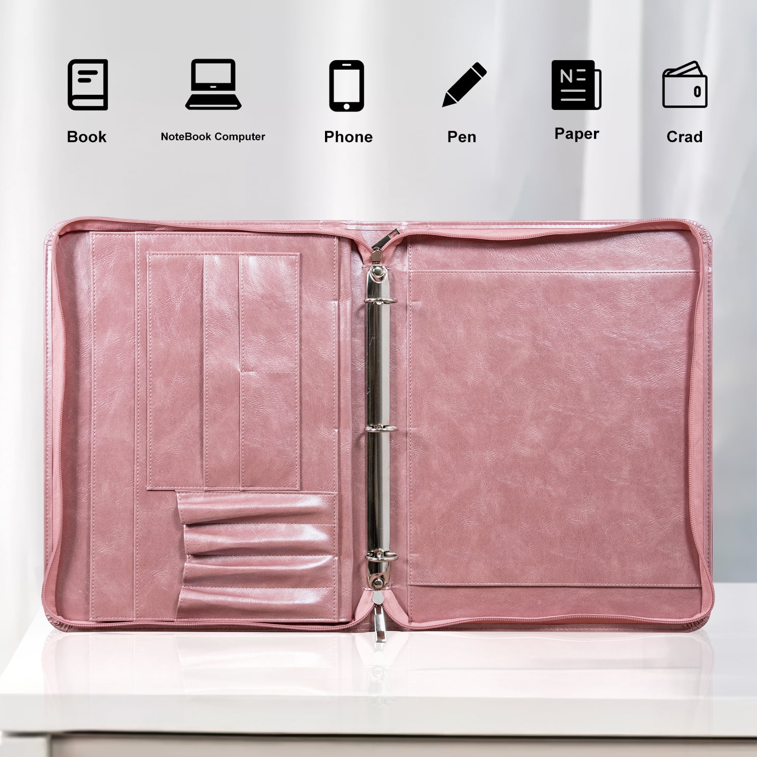Zipper Binder Portfolio for Women, 3 Ring Binders 1 inch, PU Leather Padfolio Folder, Business Portfolio Organizer with A4 Legal Pads, Thin Leather Professional Binder, Gift for Her, Rosegold