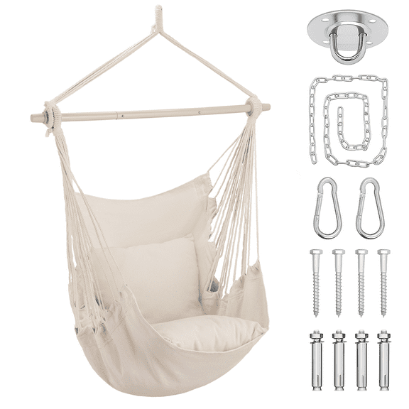 Magshion Hammock Chair Hanging Rope Swing, Max 350lbs Capacity, 2 Cushions Included, Large Macrame Hanging Chair with Side Pocket for Indoor Outdoor, Beige