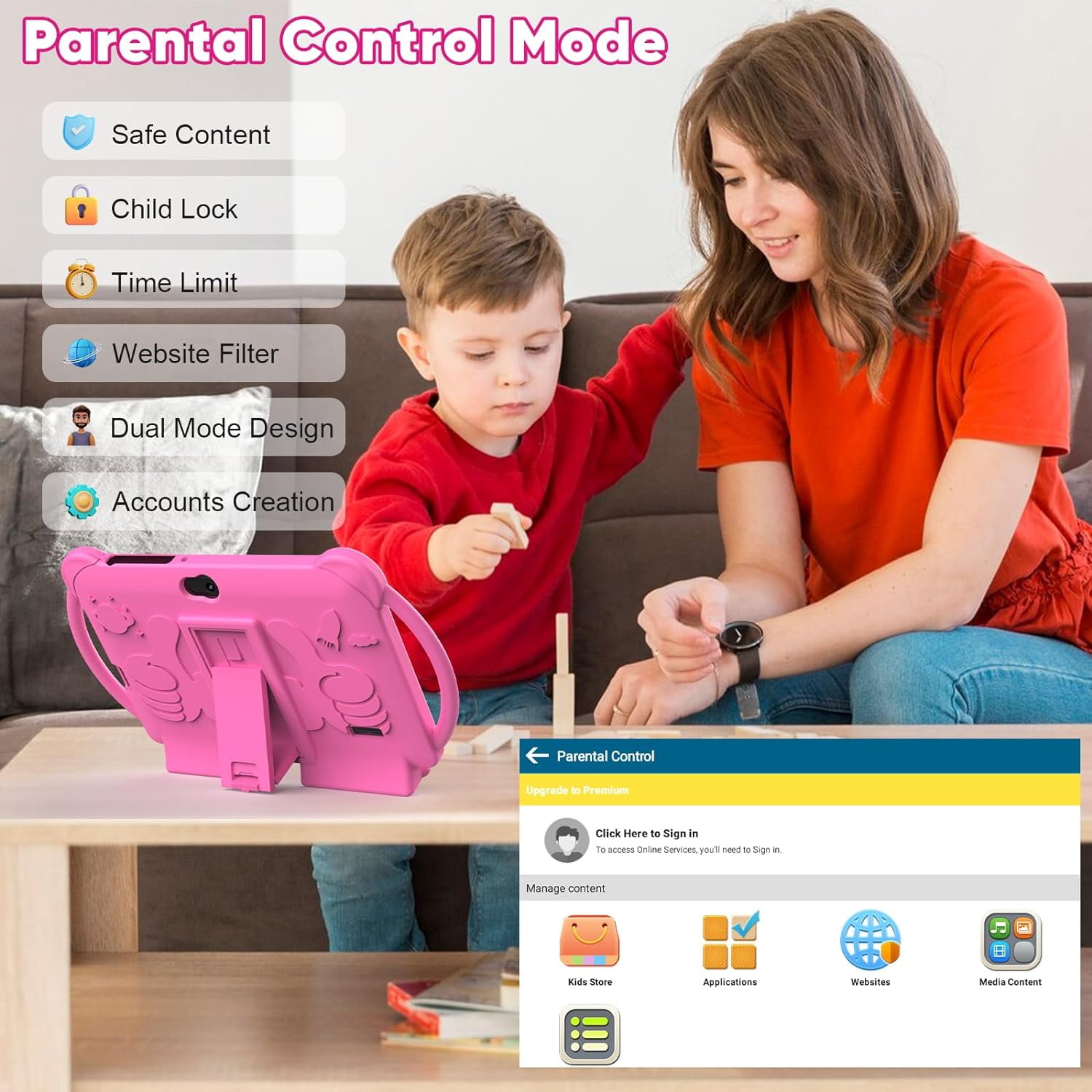 YQSavior 7 in 1024 x 600 Kids Parental Controls Tablet, 32GB, Android 12, Wi-Fi, Pink with Silicone Case