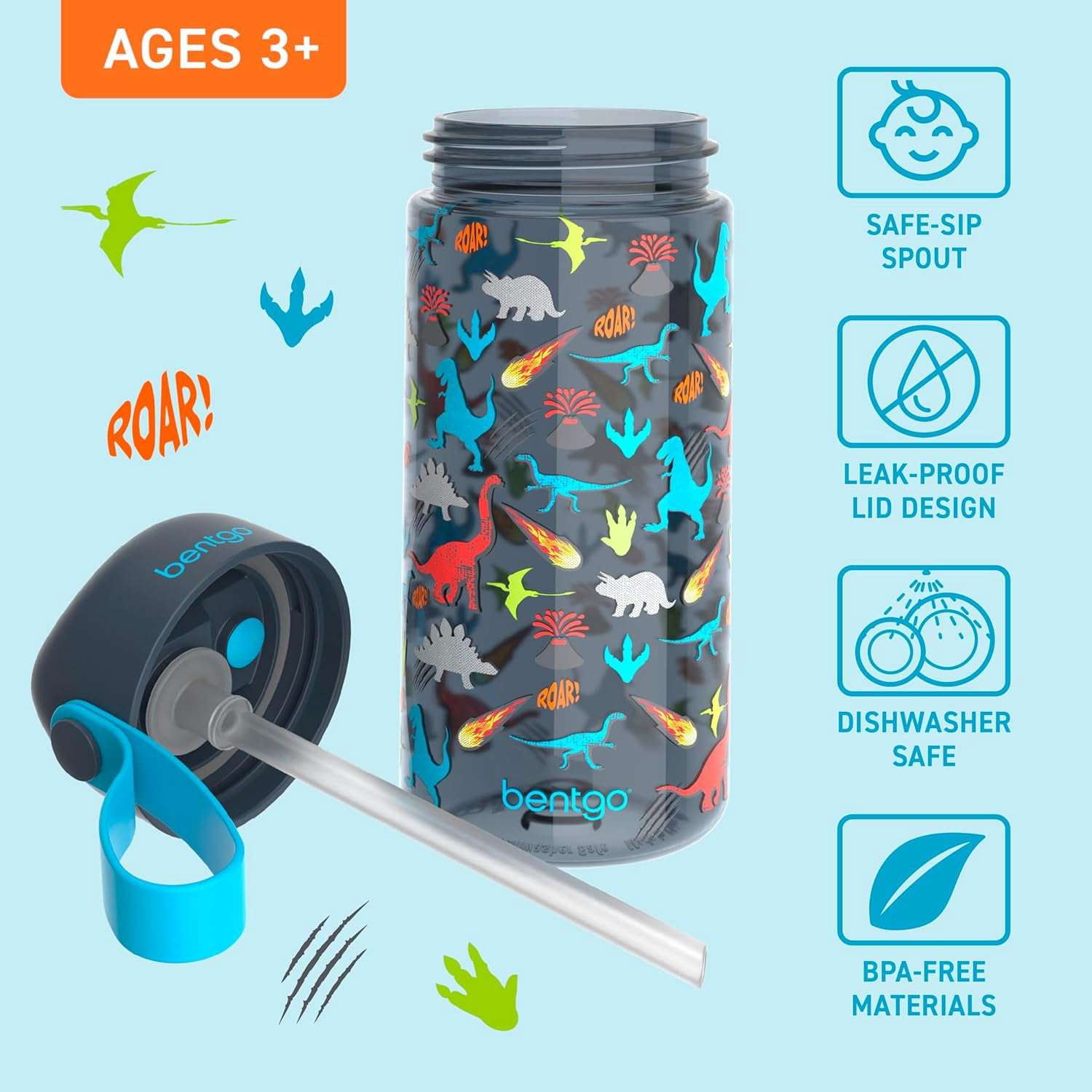 Kids Water Bottle 15 oz Durable Tritan Dinosaur | Leak-Proof, BPA-Free, Cup for Kids/Toddlers Ages 3+, Safe Sip Spout, Carrying Handle, Dishwasher Safe, for School, Sports, Daycare & Camp