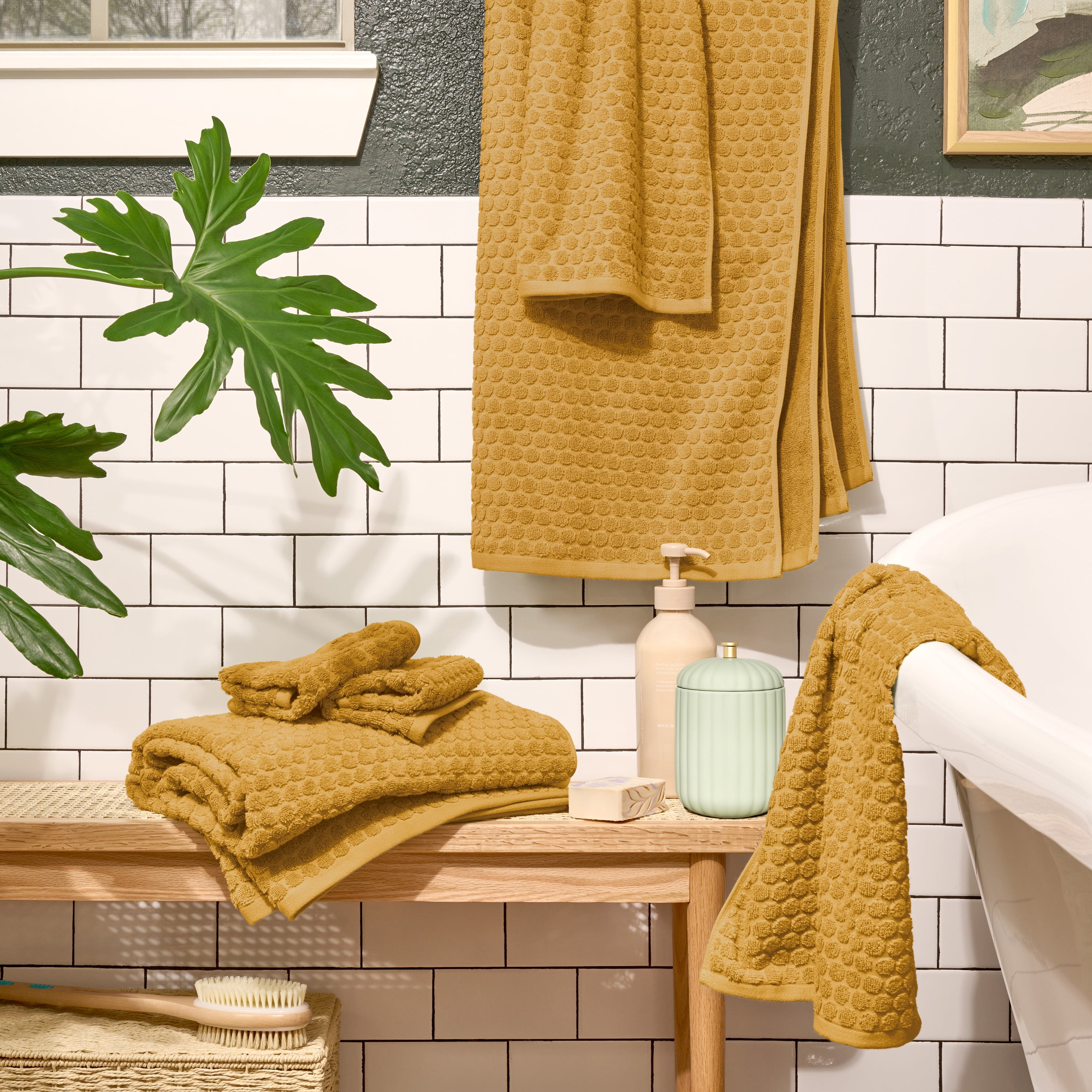 Beautiful by Drew Barrymore 6-Piece Dot Bath Towel Set, Soft 100% Cotton, Amber Yellow
