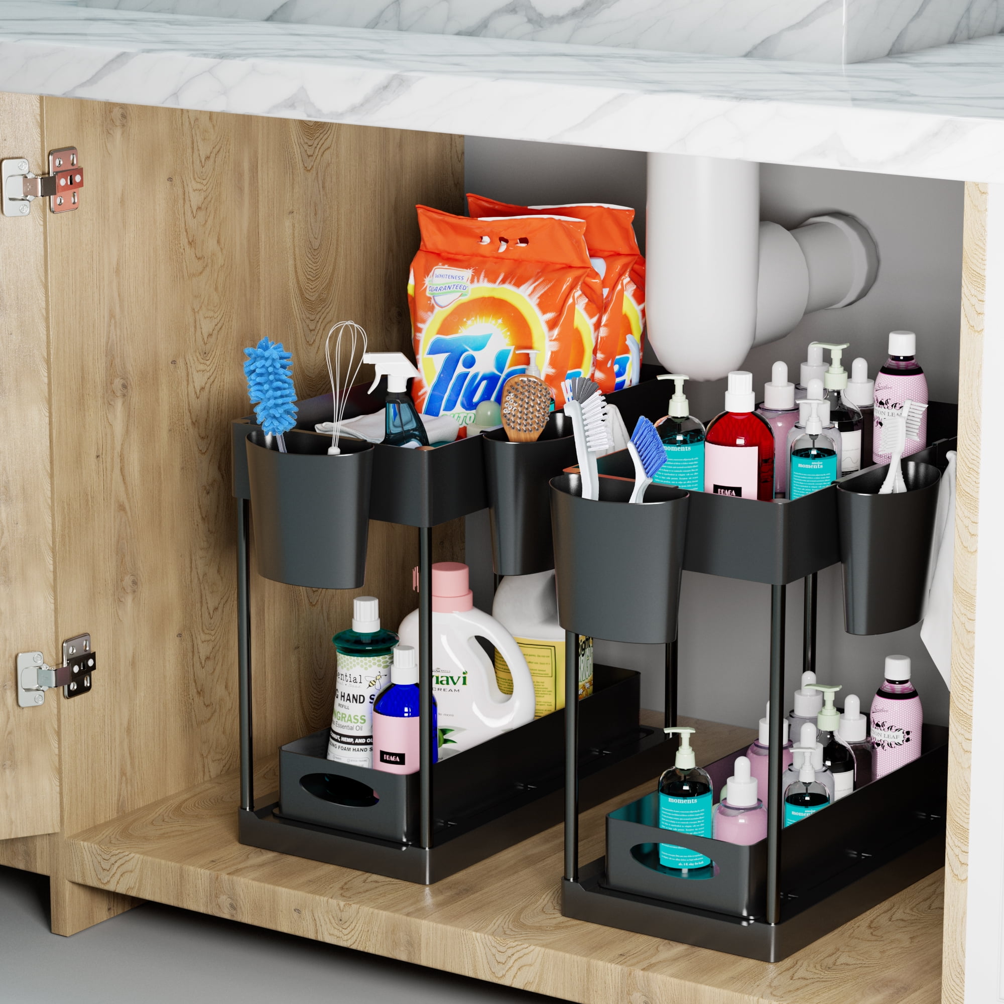 Under Sink Organizer, 2 Tier Sliding Cabinet Basket Organizer Drawer with 4 Hooks, 2 Hanging Cups, Basket Hollow Design, Multi-Purpose for Bathroom Kitchen Under Bathroom Sink Organizer - Black
