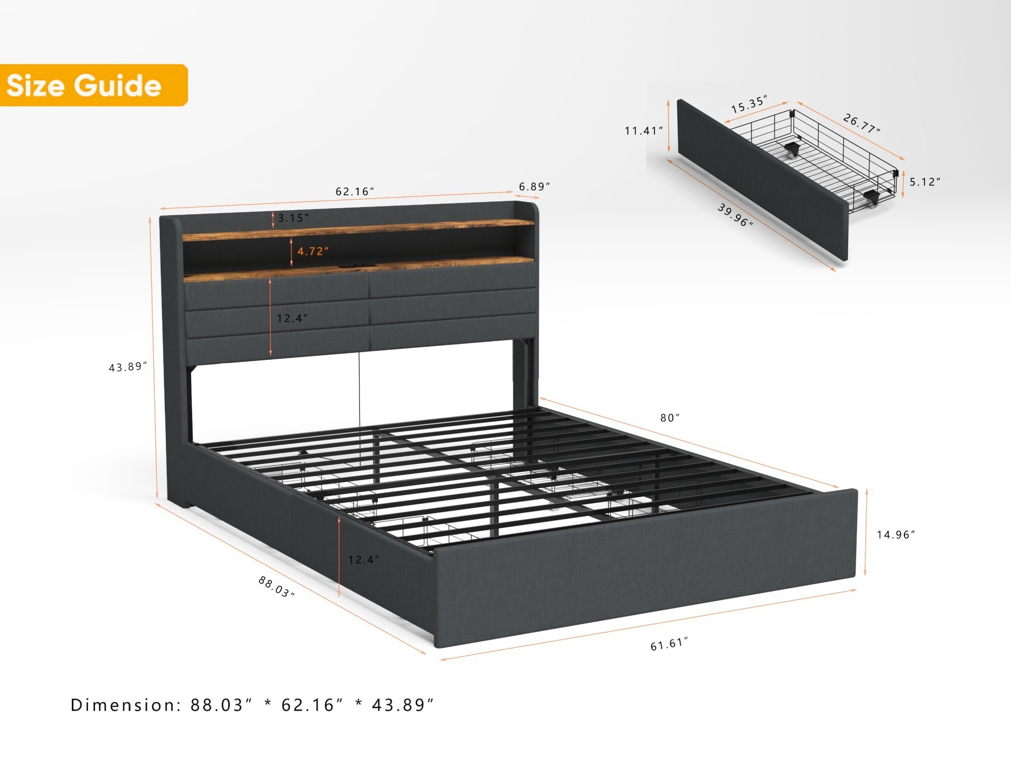 AENKYO Queen Upholstered Platform Bed Frame with Charging Station, Storage Headboard, 4 Drawers, LED Light, Dark Gray