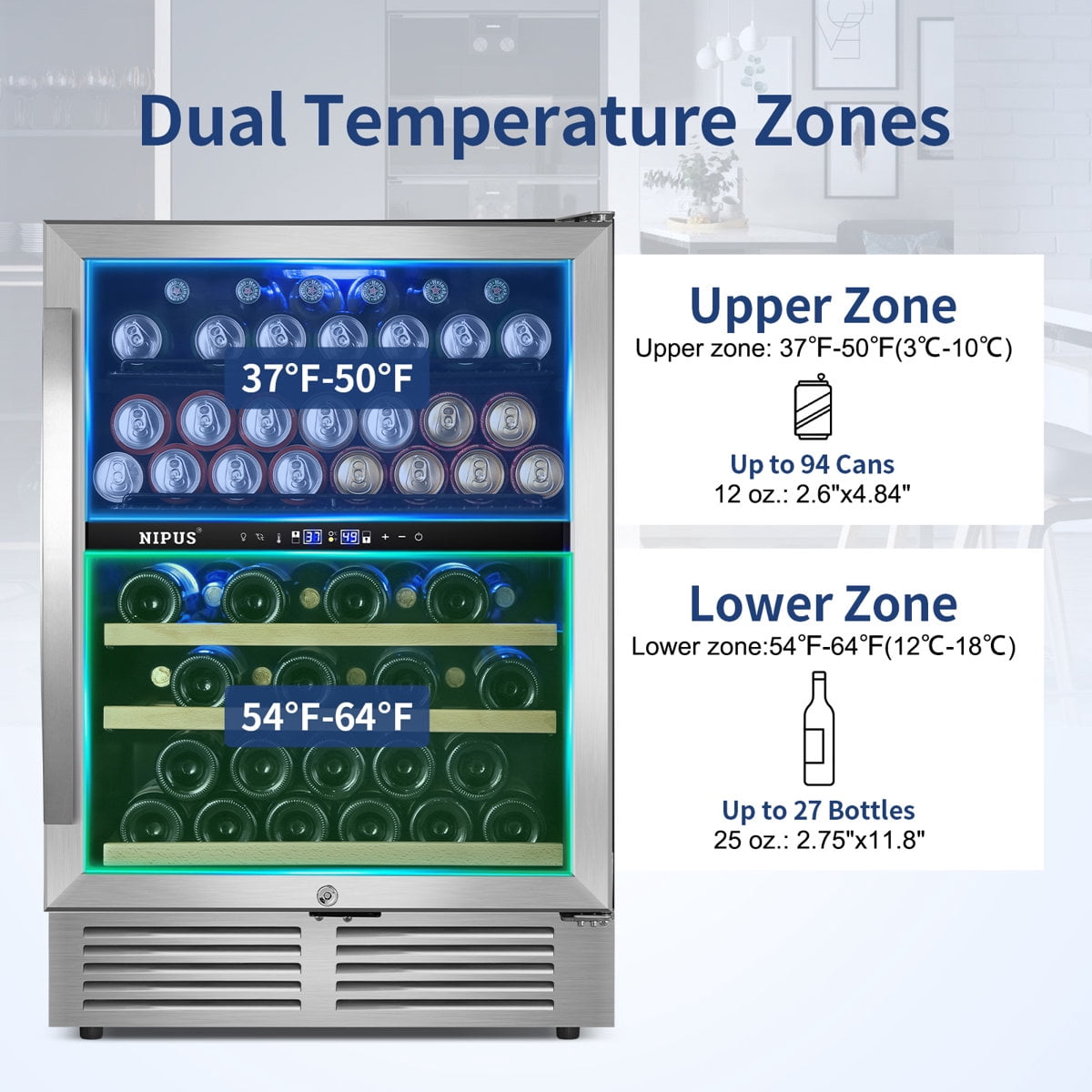 24 Inch 94 Can and 27 Bottle Dual Zone Wine & Beverage Refrigerator Freestanding Built-in Beer and Drink Cooler with Glass Door For Kitchen, Bar or Office Classic Series