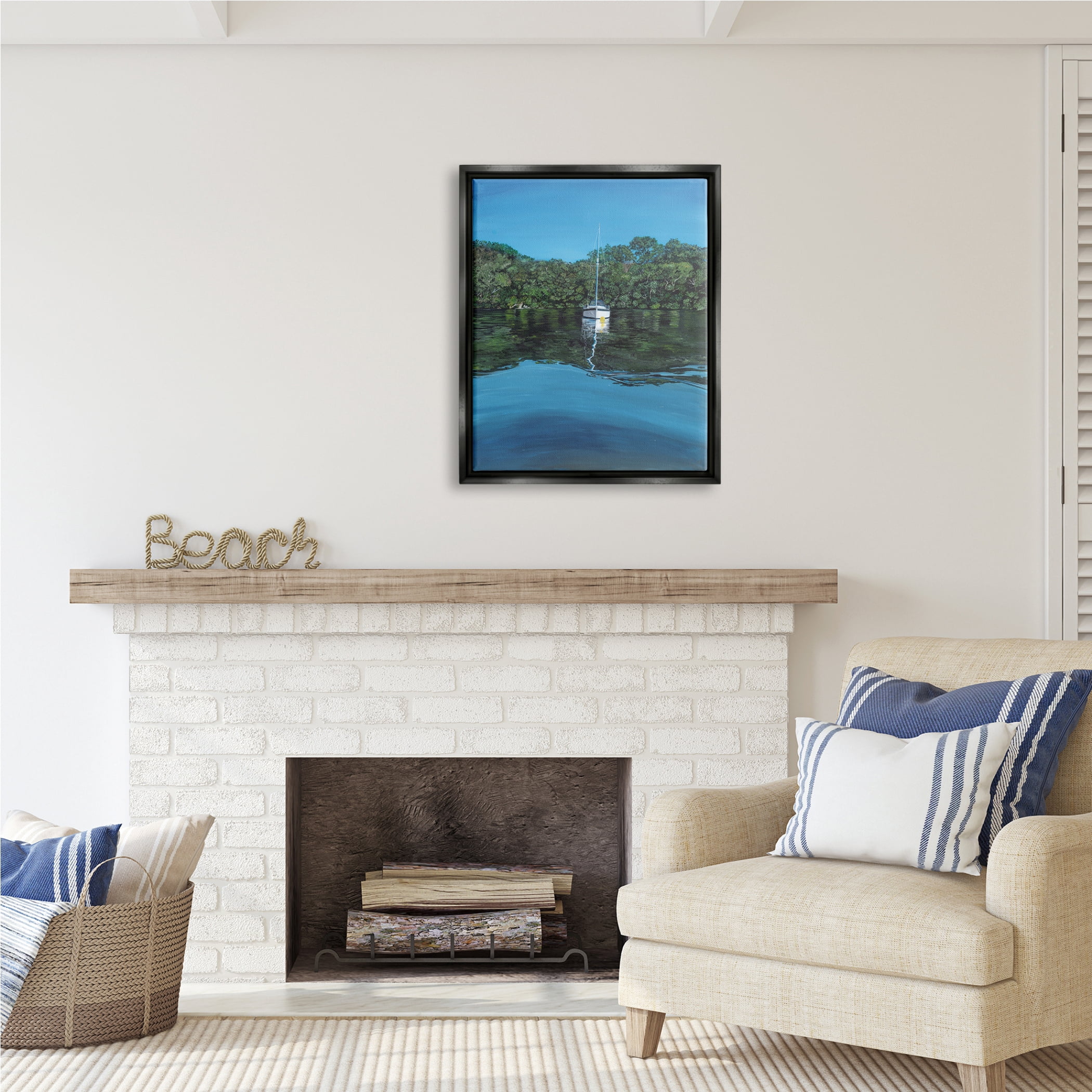 Stupell Industries Boat on Sea Ripples Transportation Painting Black Floater Framed Art Print Wall Art, 25 x 31