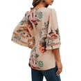thumbnail image 5 of Franhais Women Summer  Blouse Chiffon Floral/Leopard Print Vintage V-Neck 3/4 Flared Sleeve Loose Tops, 5 of 5