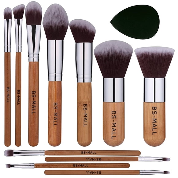 BS-MALL Juego de 11 Brochas de Maquillaje de Bambú Sintético, Kabuki para Base, Polvos, Difuminado, Corrector, Sombras, Rubor, Cosméticos, con Bolsa Organizadora y Esponja