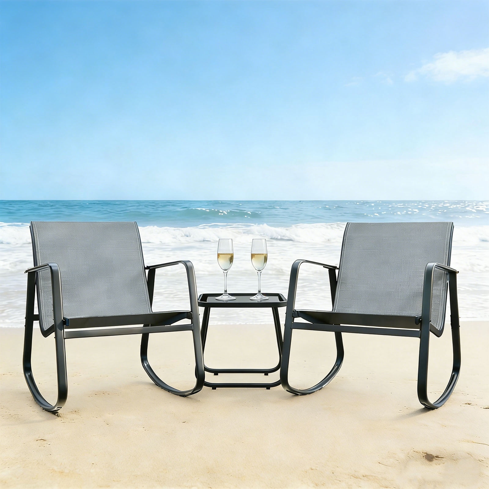 Casabay 3-Piece Outdoor Courtyard Furniture Set with Patio Chairs & Coffee Table, All Weather Outdoor Seating Breathable Fabric for Yard, Pool, Lawn, Light Gray