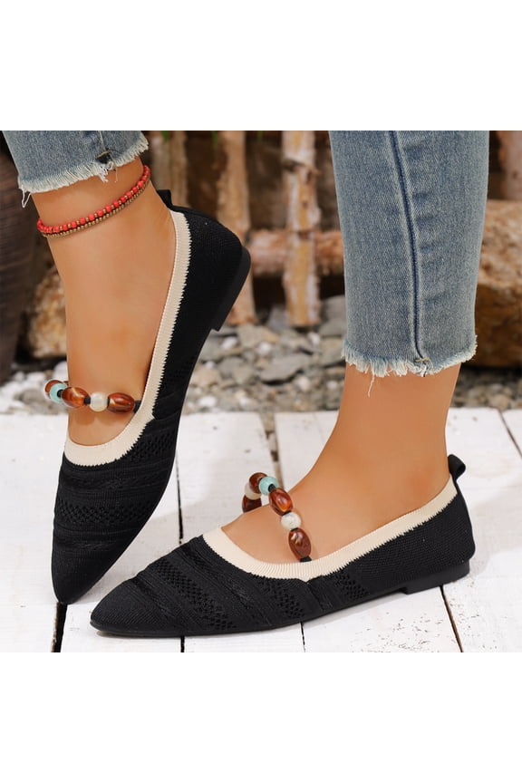 Women's Ballet Flats Breathable Knit Slip On Comfortable Pointy Toe Walking Shoes with Arch Support Insole for Work,Black Size 38