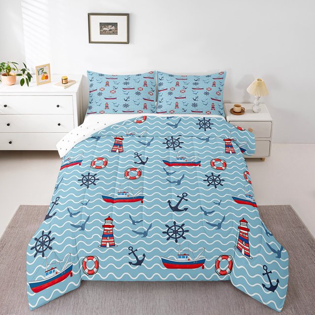 Erosebridal Nautical Anchor Lighthouse Bedding Full Comforter Set, Rudder Sailboat Down Comforter, Blue Wave Stripe Decor, Reversible 3pcs
