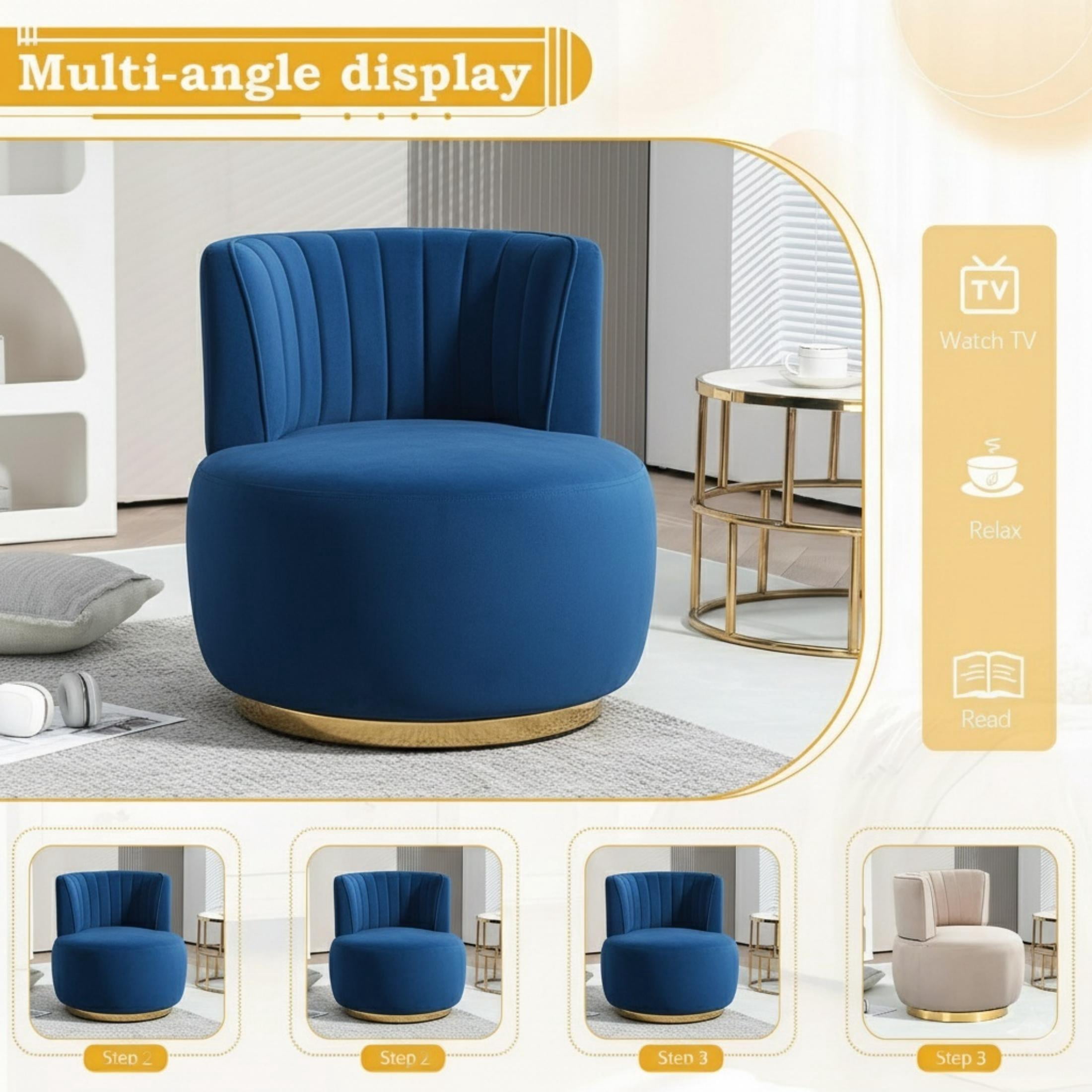 Aukfa 360-Degree Swivel Barrel Chair, Modern Velvet Round Accent Chair for Nursery and Living Room, Blue