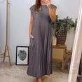 thumbnail image 2 of Vestido sin mangas con cuello redondo y pliegues para mujer 2025: color liso informal, poliéster ligero para el día a día en primavera/verano., 2 of 5