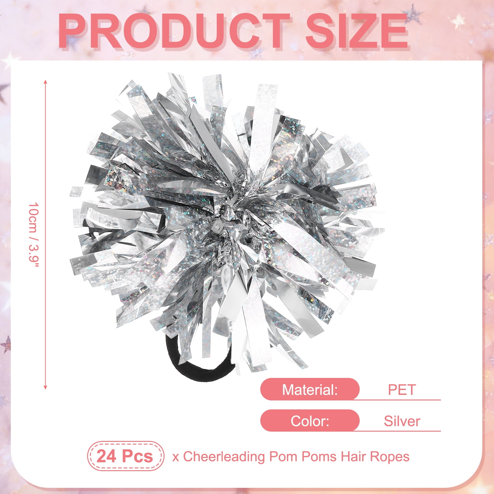 Uxcell 24 Pcs Cheerleading Pom Poms Hair Ropes for Basketball Game,Outdoor Activities, Silver