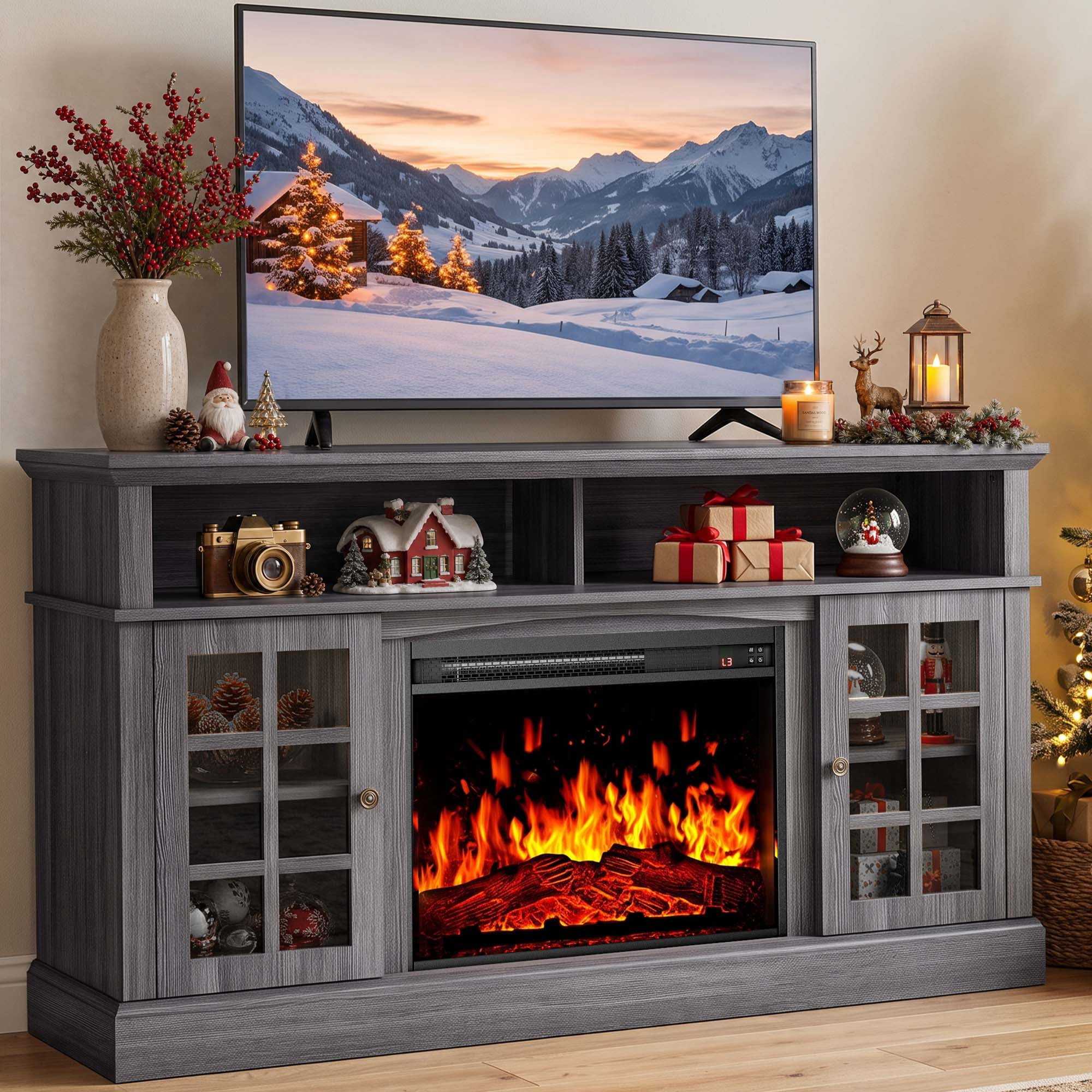 Chitooma Fireplace TV Stand for 75", Gray Farmhouse photo 1