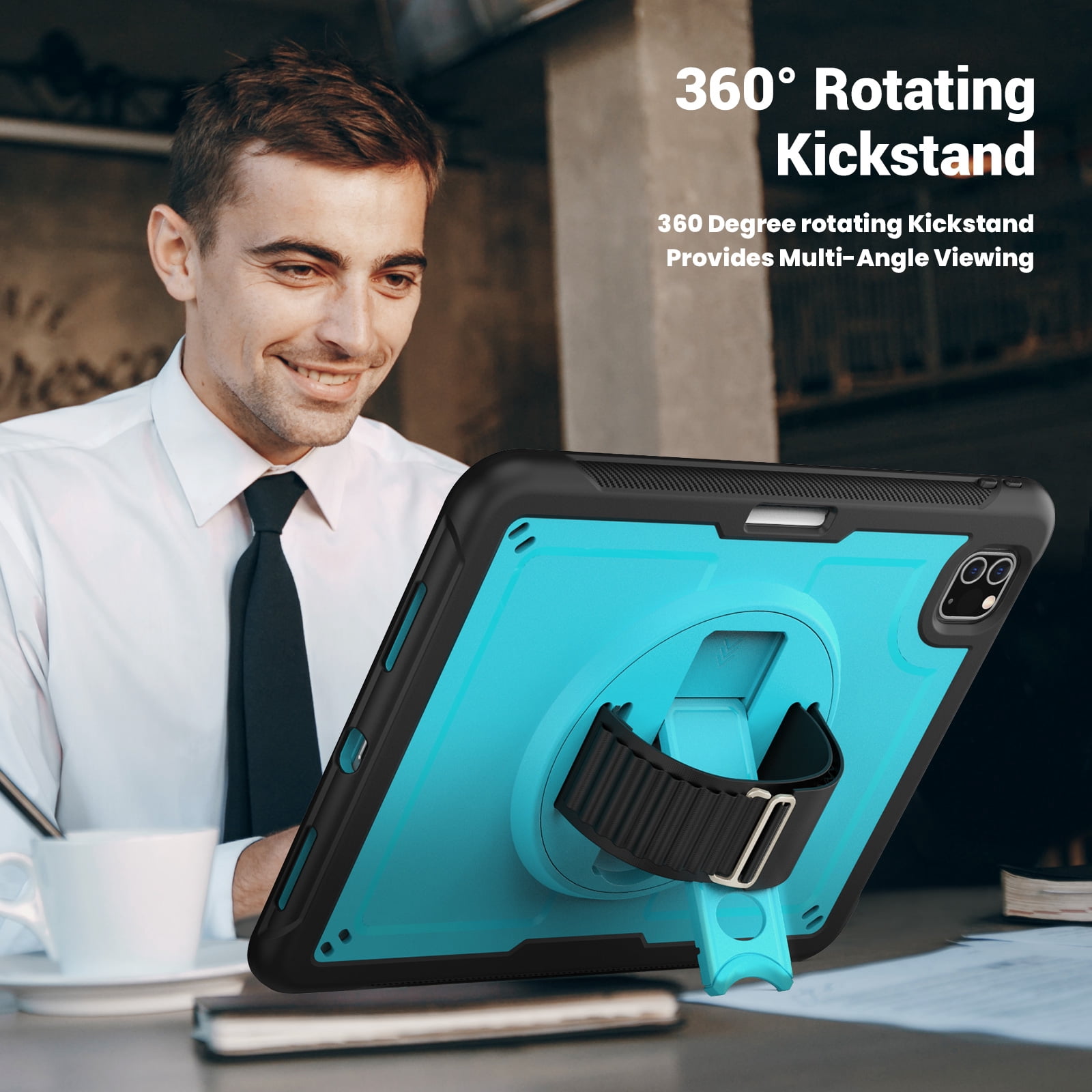 ELEHOLD Case for Apple iPad Pro 11 2022/2021/2020/2018/air4 10.9/air5,Soft TPU Rugged Durable Case with 360° Rotating Hand Strap & Foldable Hidden Stand & Pencil Holder,Lightblue
