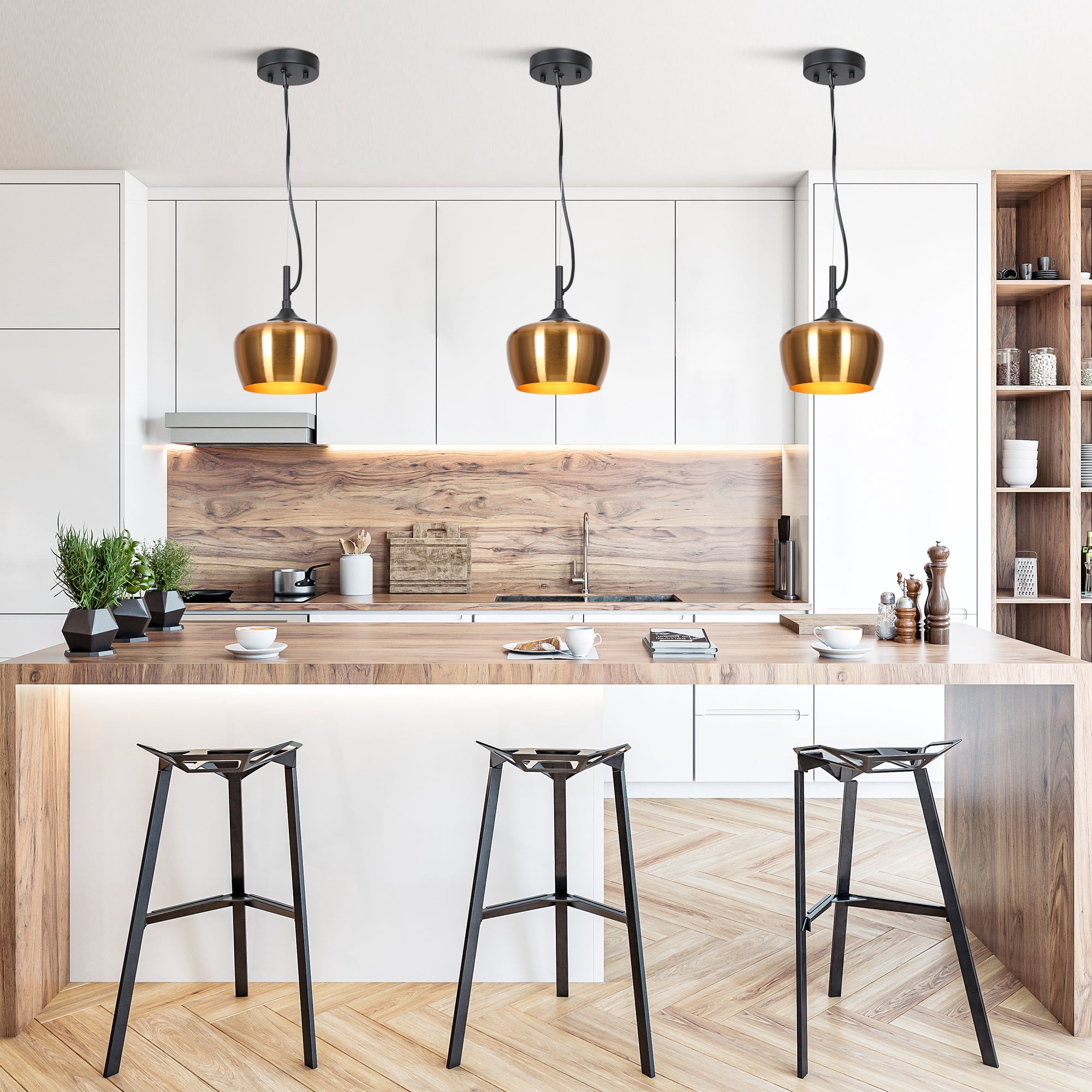 LNC Resplandor 1 -Light Electroplated Copper and Matte Black Mid-century Metal Dome Mini Hanging Pendant Light