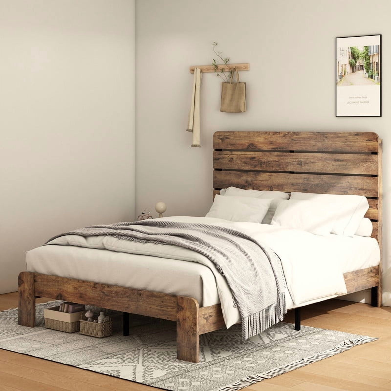 Queen Size Bed Frame with Headboard, Farmhouse Platform Bed with Wood Slats Support, Noise Free,No Box Spring Needed