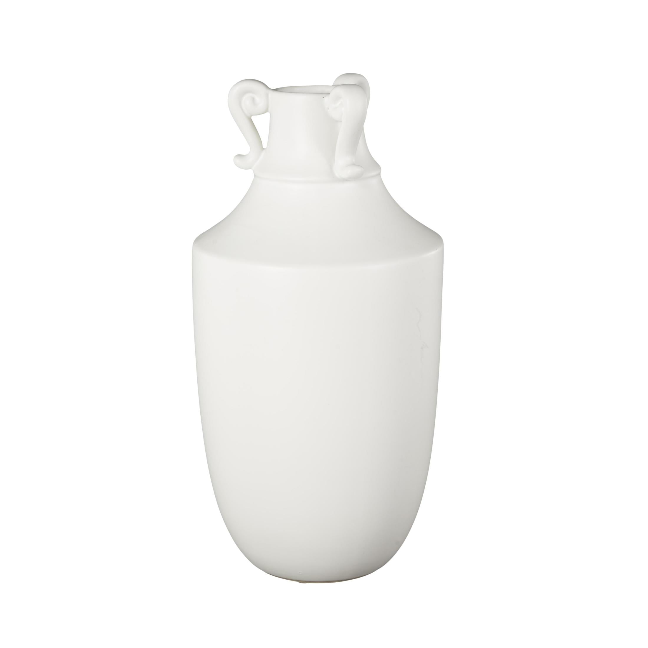 DecMode 16" Scroll Sleek Amphora White Ceramic Vase with Handles