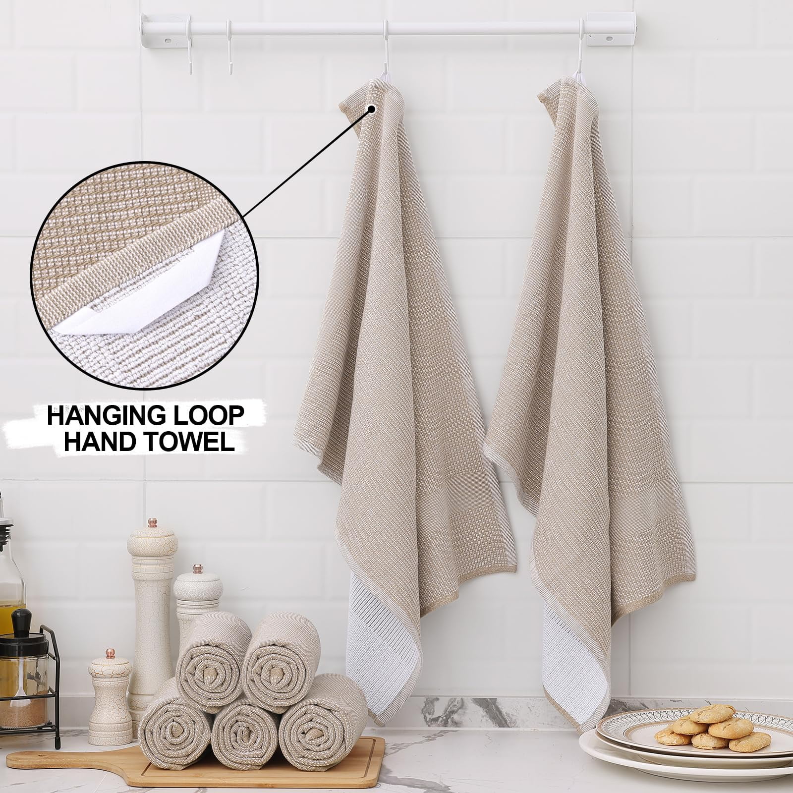 decorUhome Premium Kitchen Towels(18"x 28", 6 Pack), Large Cotton Kitchen Hand Towels, Khaki