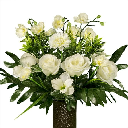 White Rose with Orchids Artificial Bouquet, featuring the Stay-In-The-Vase Design(c) Flower Holder (Best Vase For Orchids)