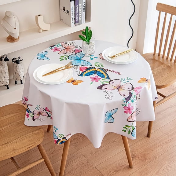 STONCEL Wipe Clean Round Tablecloth, White Butterfly Flower Pattern PVC Wipeable Table Cover, Waterproof Dust Resistant Plastic Party Table Cloth for Picinc Birthday Weddings (Round 55")