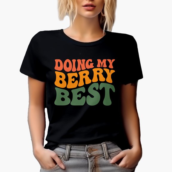 Doing My Berry Best, Fruit Pun Quote, Groovy Retro Wavy Text Merch Gift, Black T-Shirt, Small