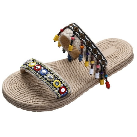 

slipper for Women Women s Summer Non Slip Solid Color Slip On Flat Beach Open Toe Breathable Sandals Shoes Slippers Cotton Fabric Dress Sandals for Women Coffee