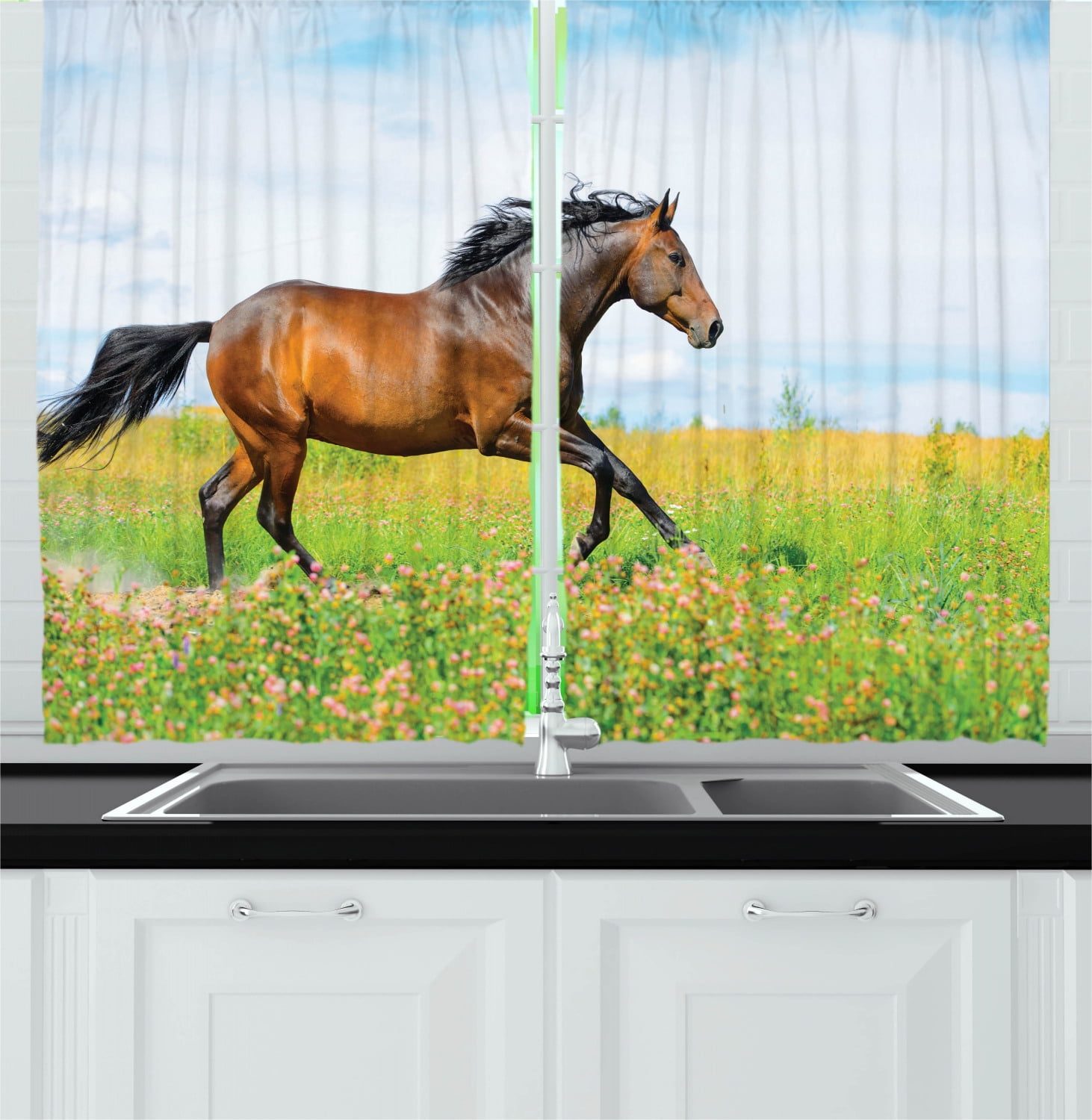Equestrian Curtains 2 Panels Set, Horse Runs Gallop on Flower Meadow Rural Freedom Animal