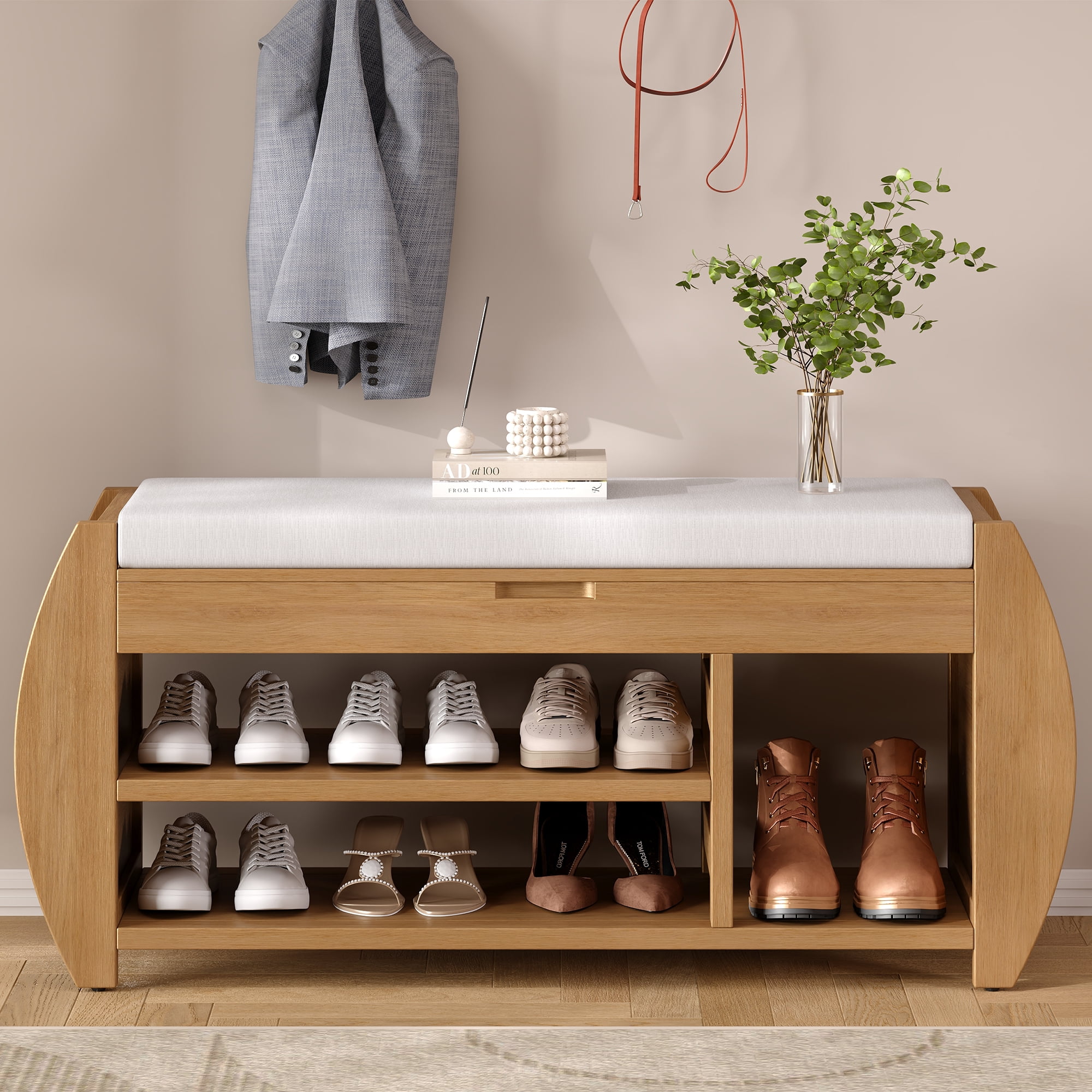 MAYEERTY Shoe Storage Bench with Cushion and Curved Side, Retro Multifunctional Panel for Entryway, Natural