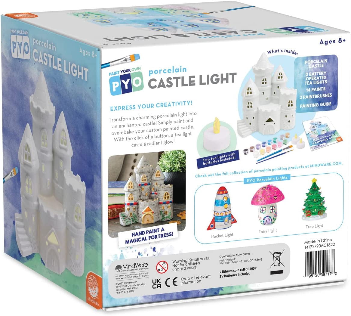MindWare Paint Your Own Porcelain: Castle Light with 2 Tea Lights, 14 Paints, 2 Brushes & Painting Guide, Creative Paintable Pottery Crafts & Gift Kits for Kids