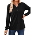 thumbnail image 4 of QAFOPEH Women's Button Down V Neck Long Sleeve Solid Color Casual Henley Shirt Tops, 4 of 7